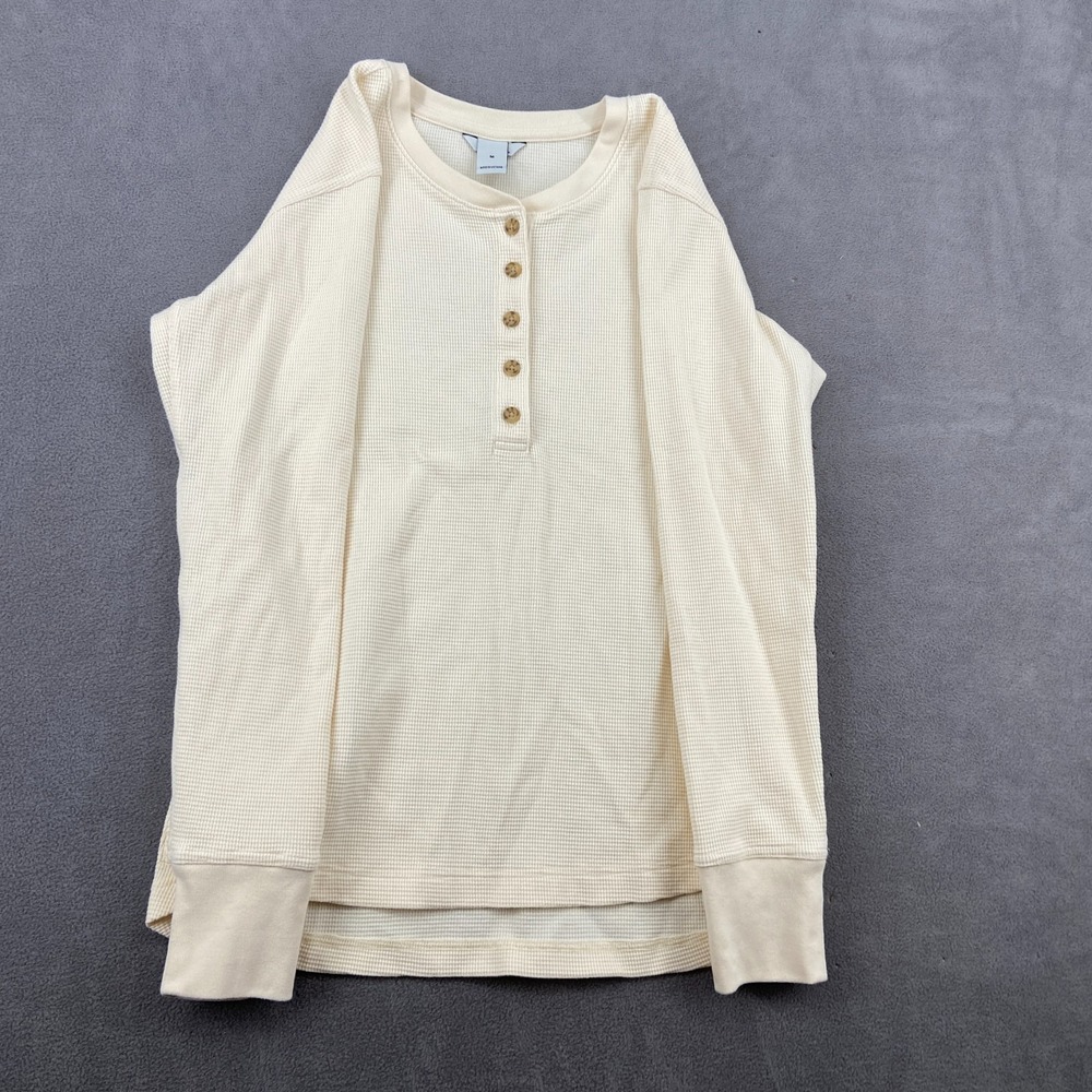Duluth Trading Co. Waffle Knit Henley Shirt Mens Medium Cream Thermal High Low